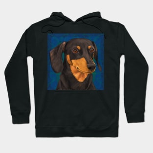 Black and Gold Dachshund Portrait on Blue Hoodie